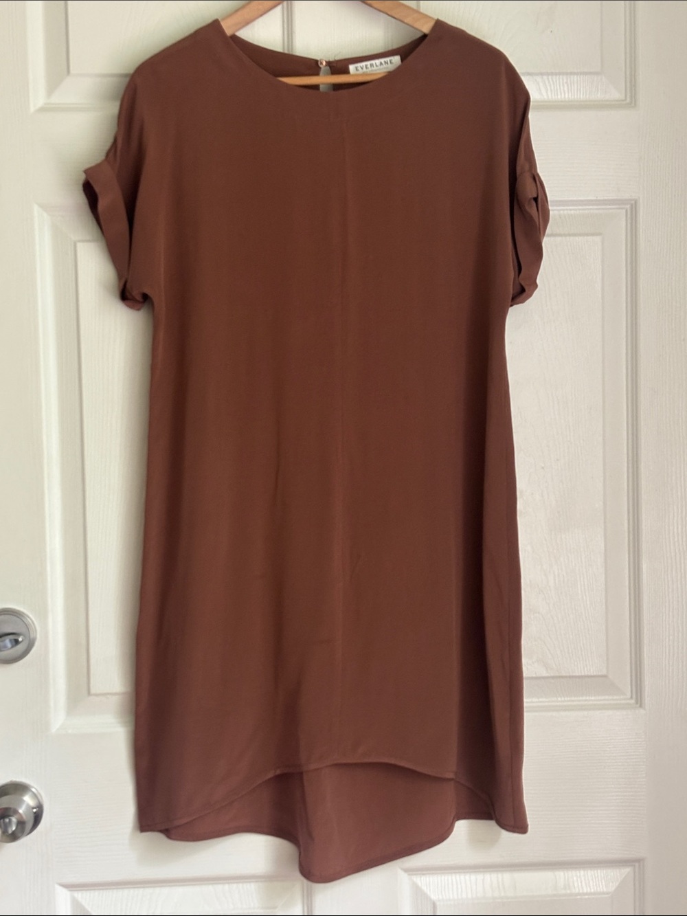 Everlane The Silk Short Sleeve Tunic Mini Column Shirt Dress in Brown Shift sz M